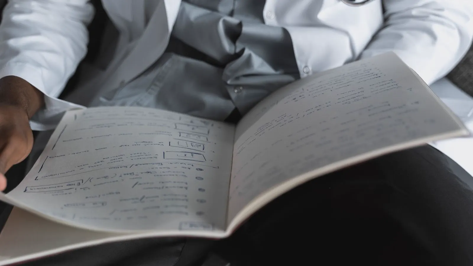 Médico de jaleco lê documento de sindicância do CRM